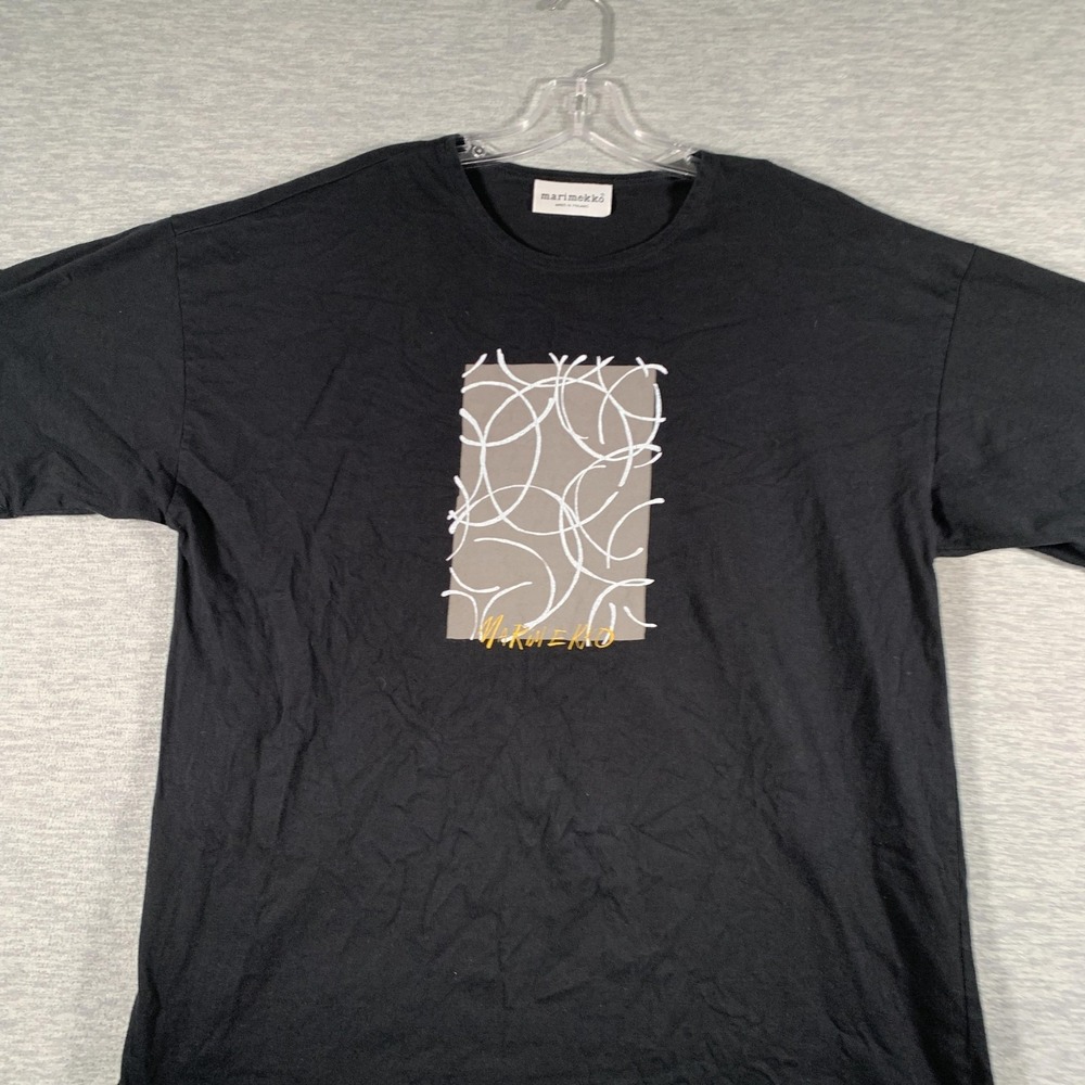 Marimekko Shirt Mens Medium Black Abstract Graphic Made Finland Tee Cotton - Picture 2 of 14